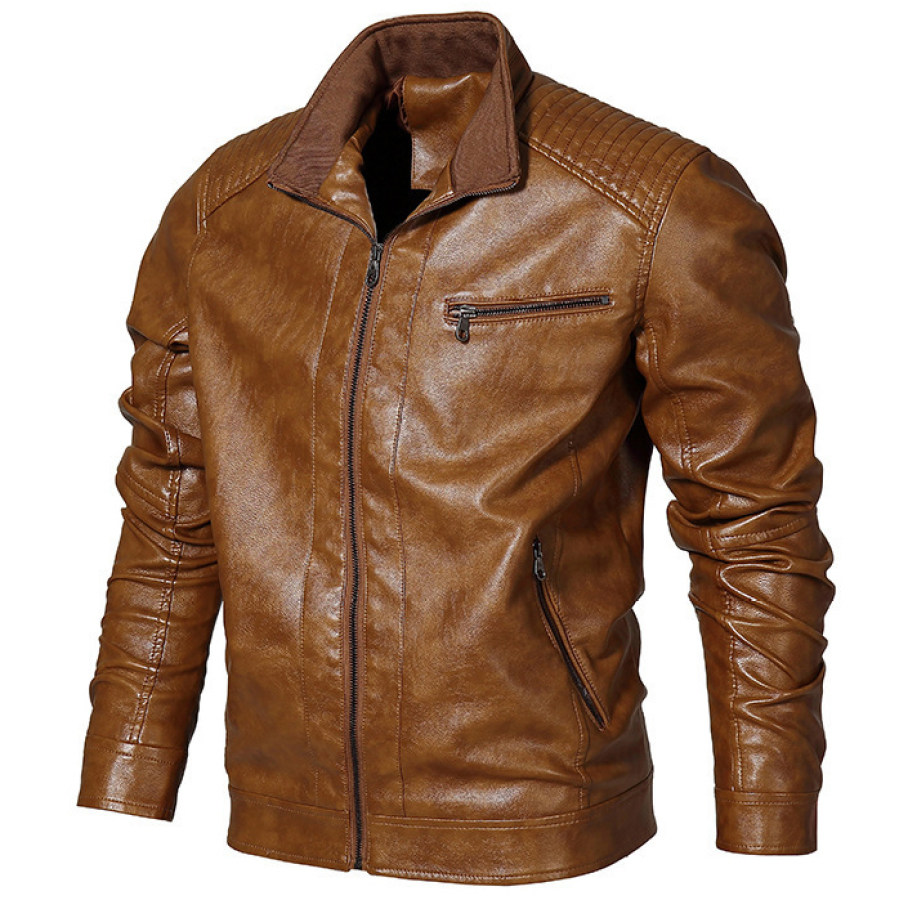 

Men's Outdoor Leisure Windproof Stand-collar Washed Leather Jacket