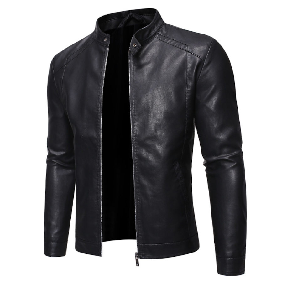 

Vintage Thermal Stand-Collar Leather Jacket