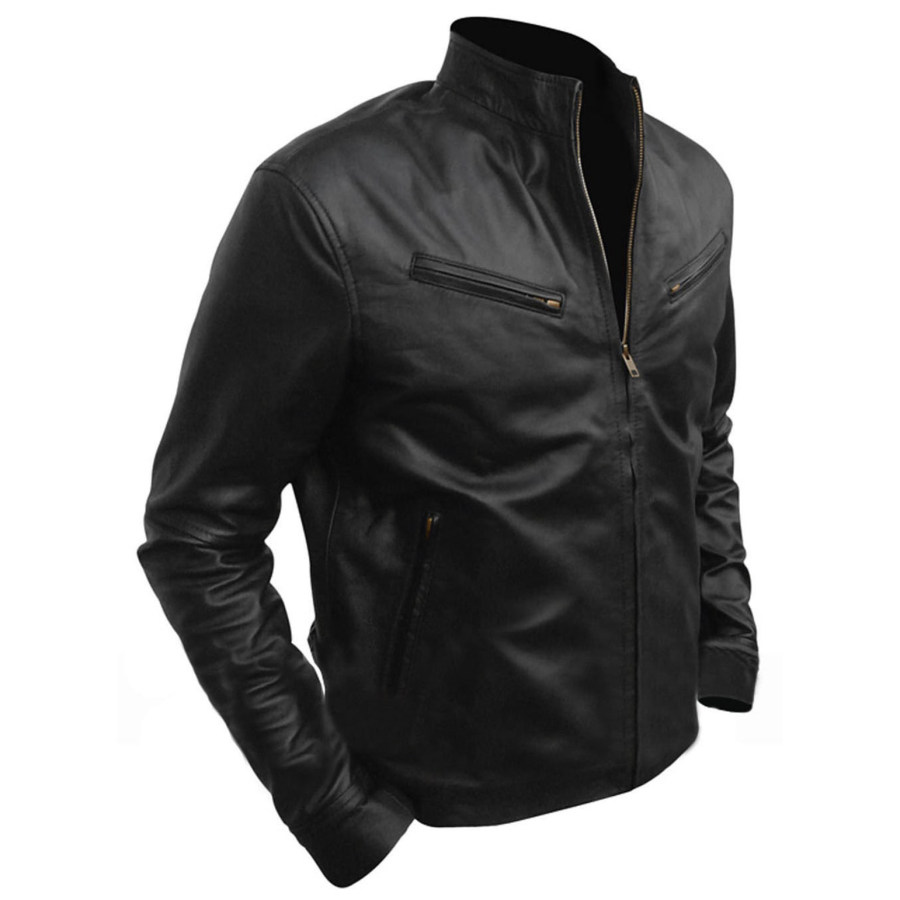 

Men's Outdoor Pure Black Leather Jacket