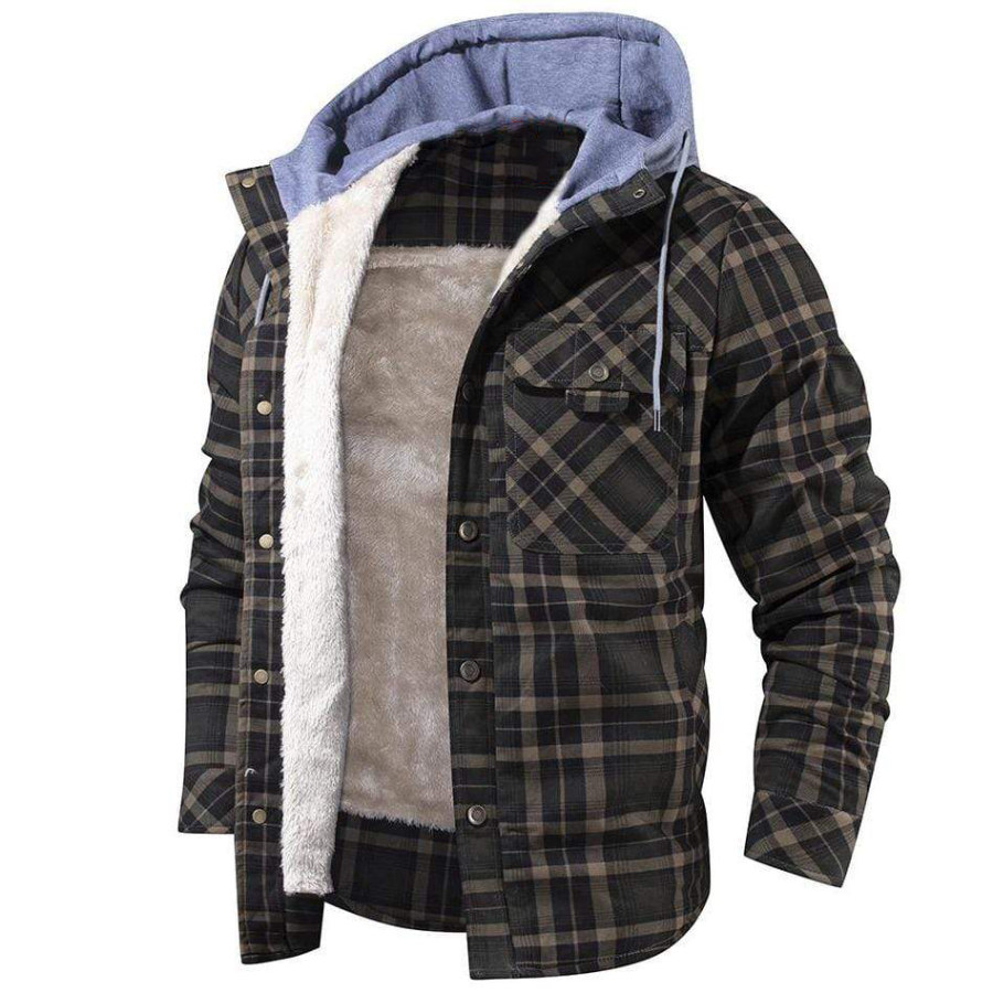 

Men's Retro Checkered Patchwork Warm Fleece Lined Hooded Wanderer Jacket