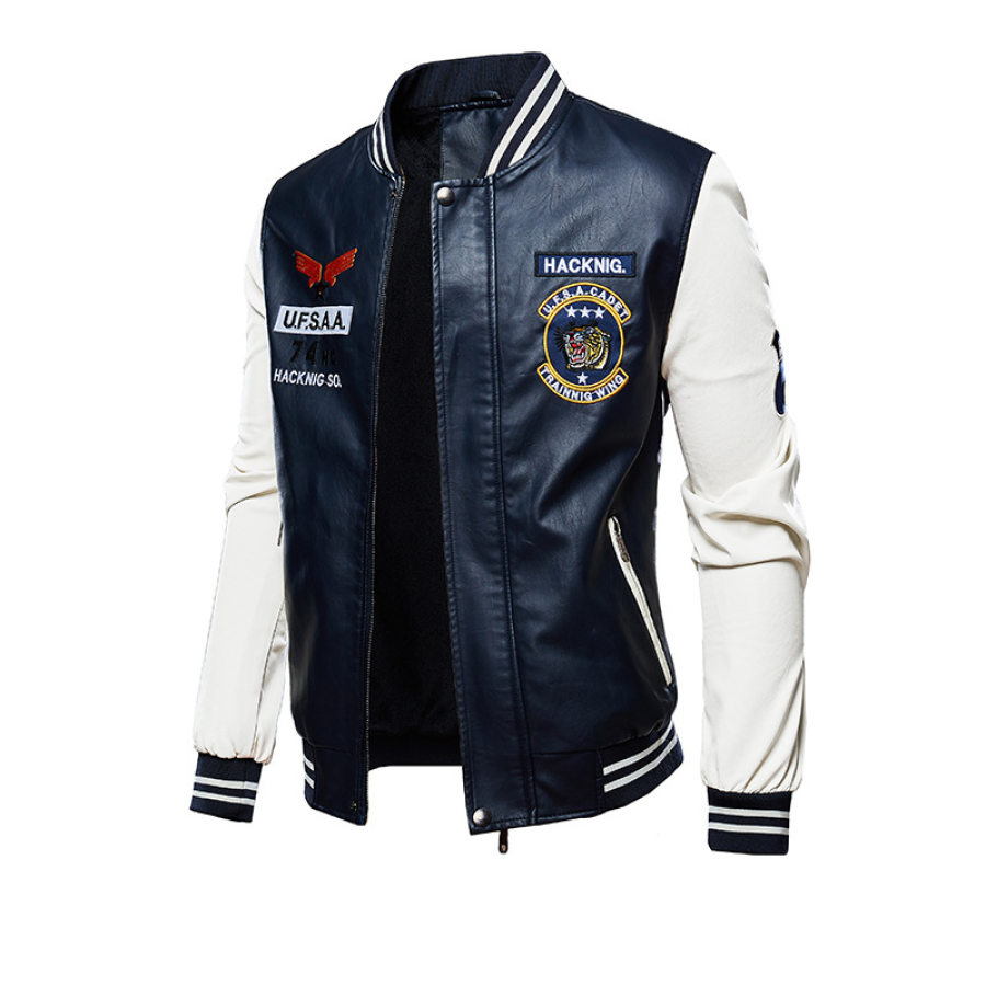 

Men's US Route Tiger Motorcycle Leather Baseball Collar Patchwork Jackets