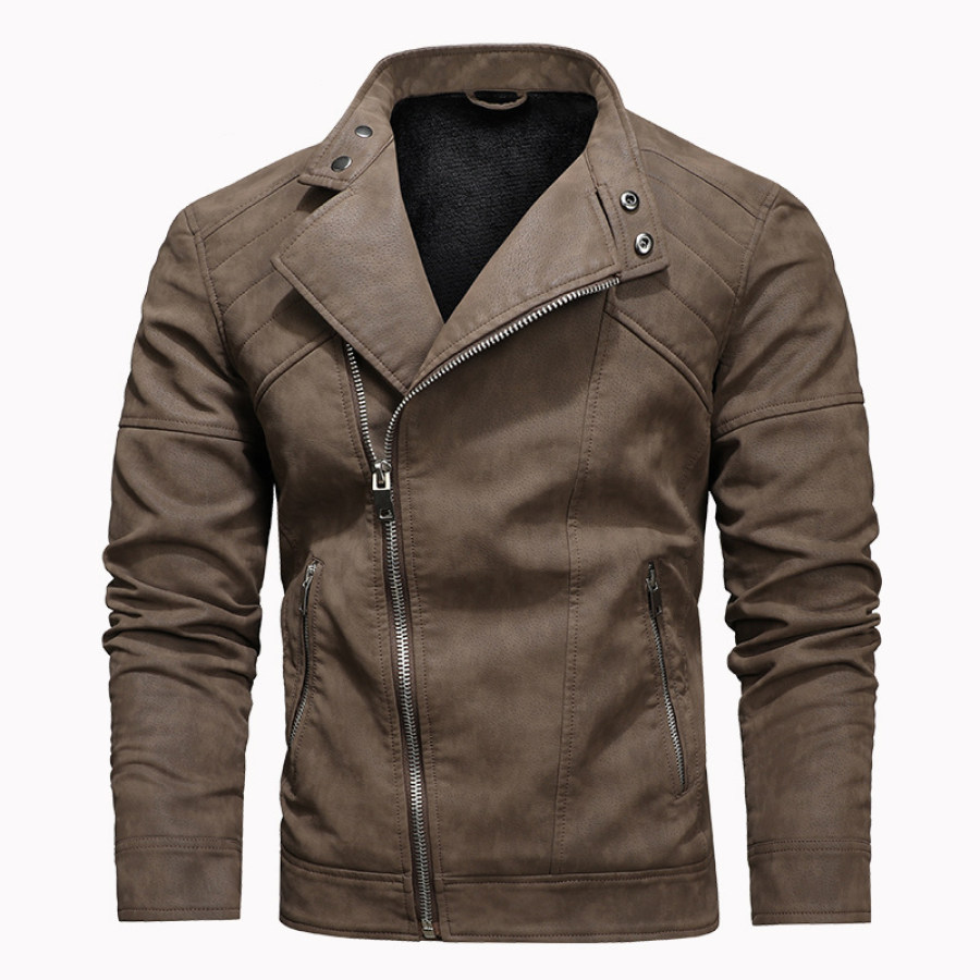 

Men's PU Leather Jacket With Velvet Big Lapel Diagonal Placket Zipper Autumn Winter Stand-up Collar Jacket