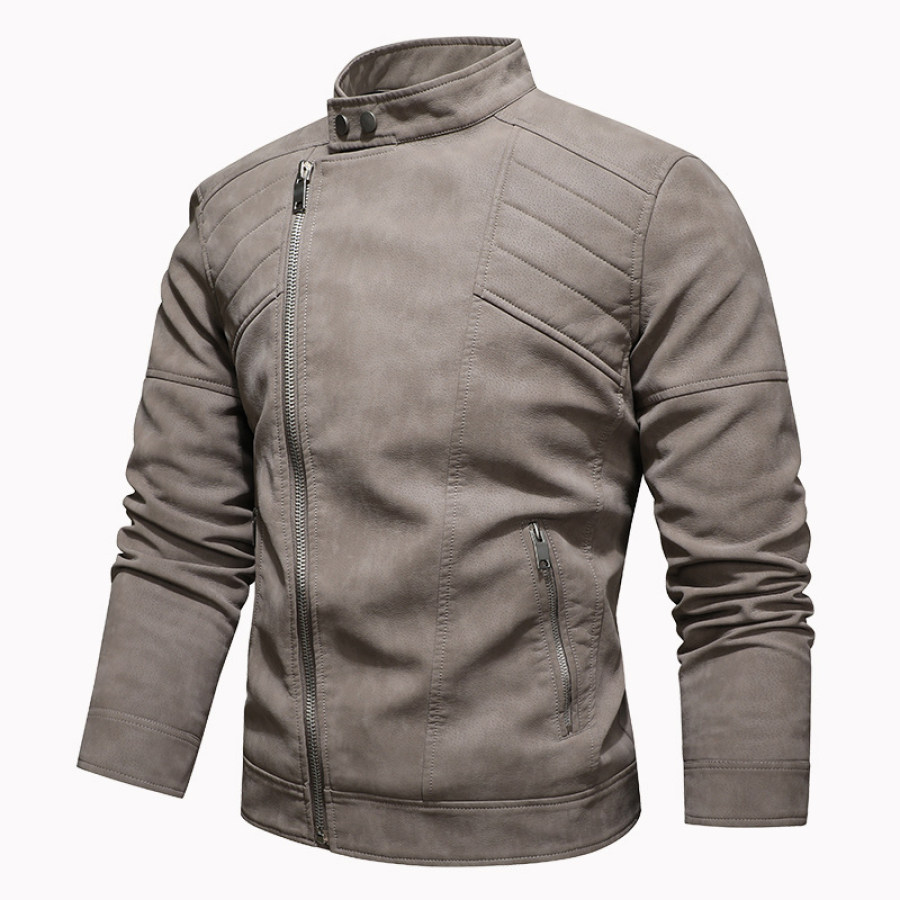 

Men's PU Leather Jacket With Velvet Big Lapel Diagonal Placket Zipper Autumn Winter Stand-up Collar Jacket