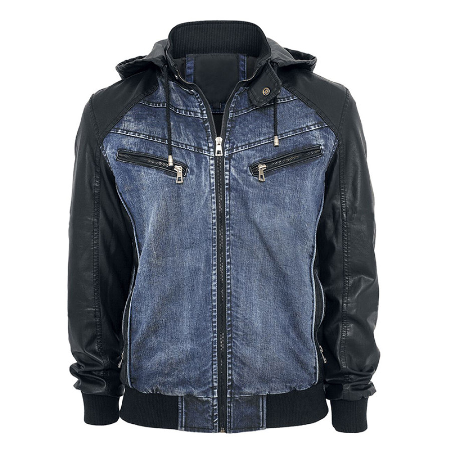 

Men's Outdoor Denim Leather Patchwork Jacket