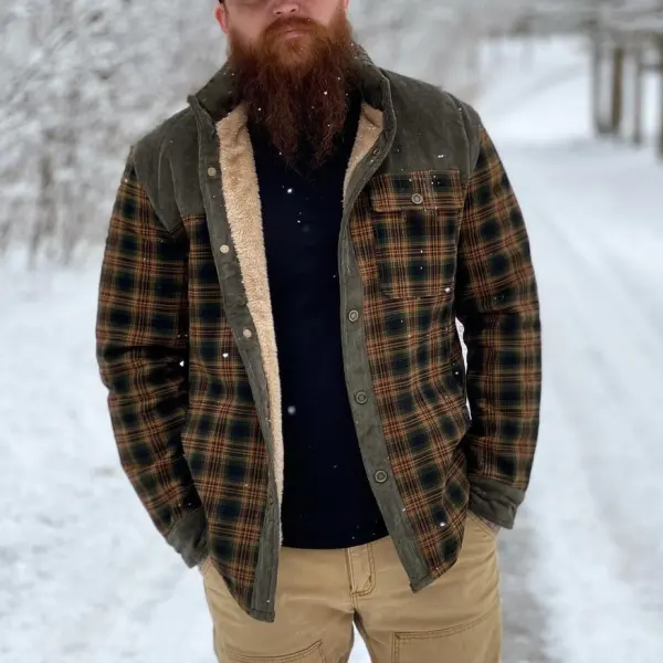 Men's Retro Check Pattern Stitching Warm Wanderer Jacket - Fineyoyo.com 