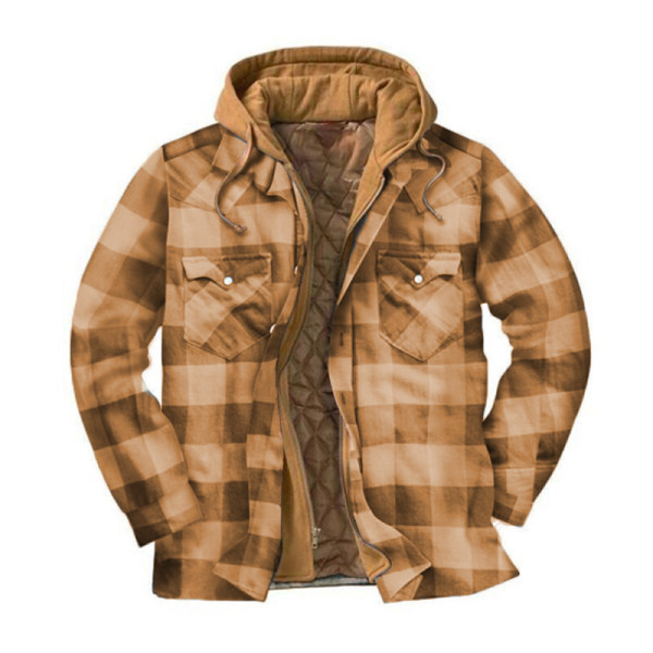 Mens Winter Plaid Flannel Casual Shirt Hooded Jacket