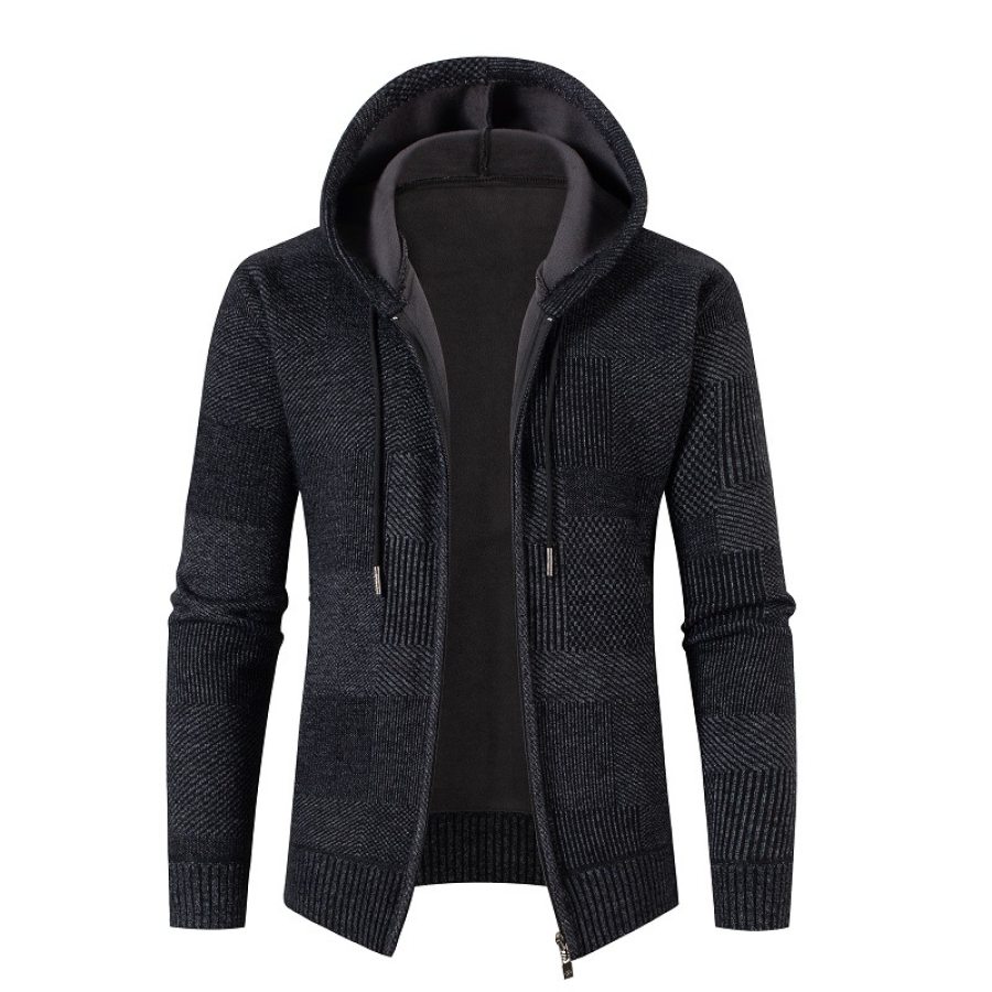 

Men's Casual Plaid Knit Velvet Thick Hooded Cardigan Sweater