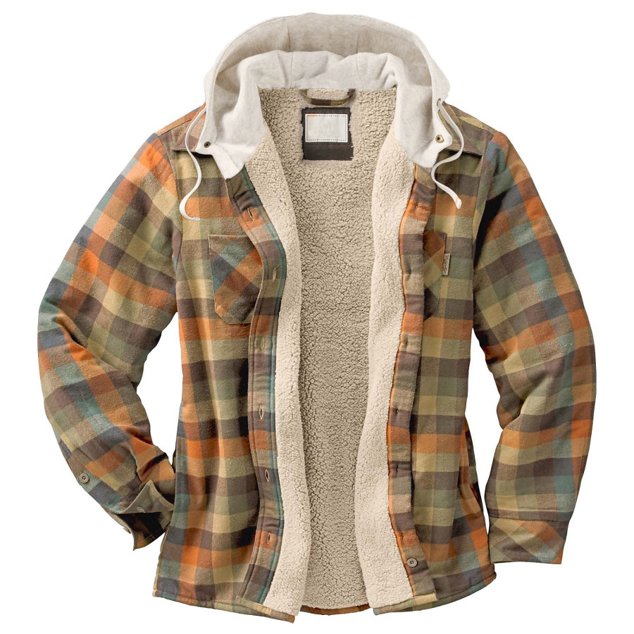 

Men's Flannel Sherpa Lined Plaid Hooded Shirt Casual Jacket