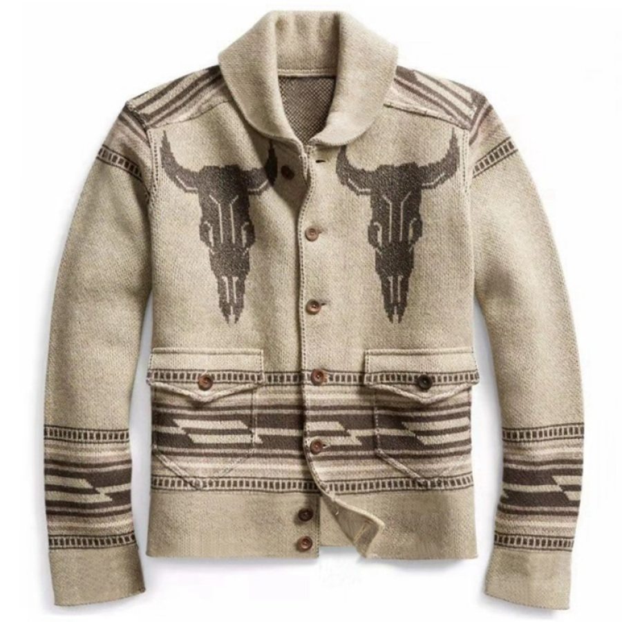 

Men's Retro Jacquard Long Sleeve Lapel Sweater Cardigan