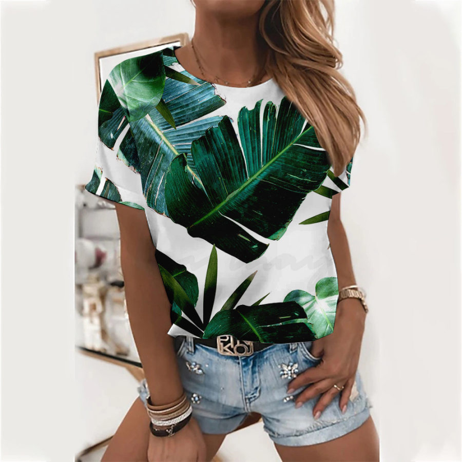 

Women's New Leaf Print Loose Casual T-shirt With Round Neck And Short Sleeves