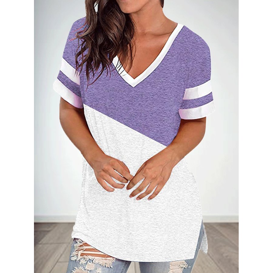 

Colorblock V-neck Pullover Loose Short-sleeved Casual T-shirt