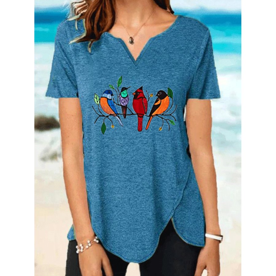 

Bird Branch Print V-neck Short-sleeved Casual T-shirt