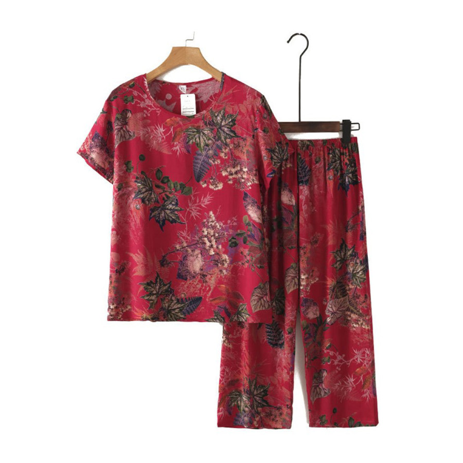

Round Neck Linen Flower Print Two-piece Suit