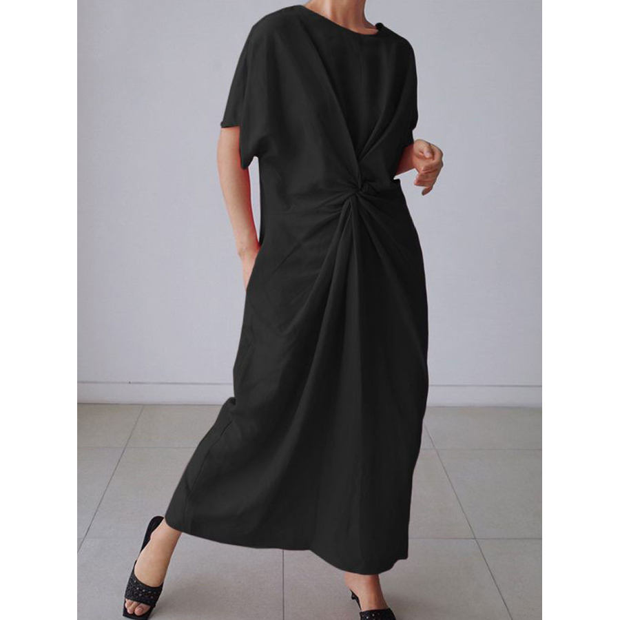 

Round Neck Solid Color Cotton And Linen Short Sleeve Loose Maxi Dress