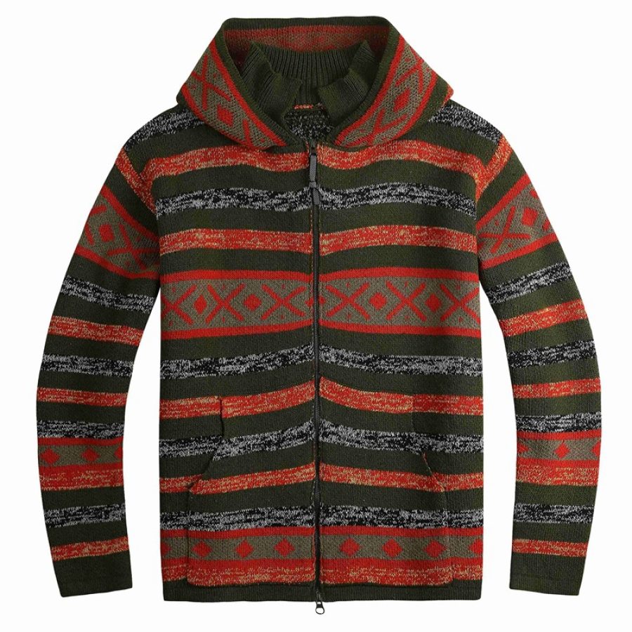 

Men's Striped Jacquard Zipper Hooded Knit Cardigan
