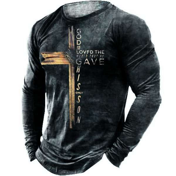 John 3:16 Christian Cross Chic Bible Men Print Long Sleeve Sports Top