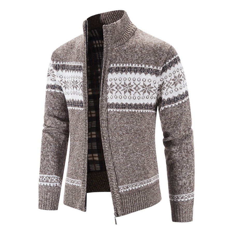 

Men's Colorblock Christmas Snowflake Stand Collar Warm Knit Cardigan