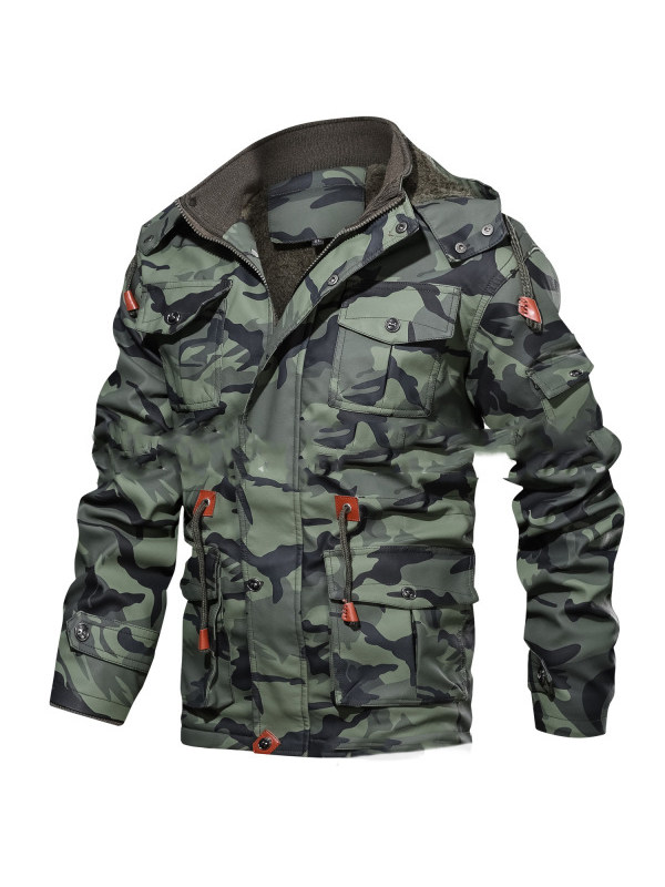 Fleece Mid-length Leather Multi-pocket Camouflage Jacket
