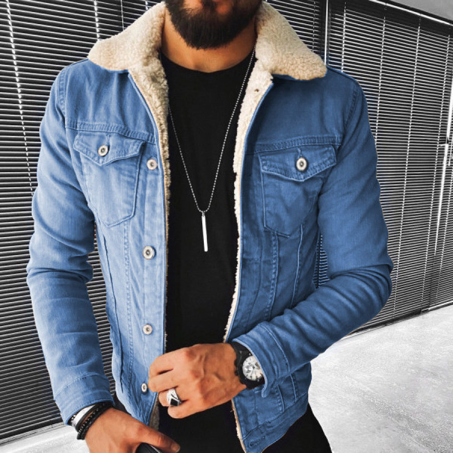 

Men's Casual Punk Motorcycle Imitation Wool Washed Denim Jacket