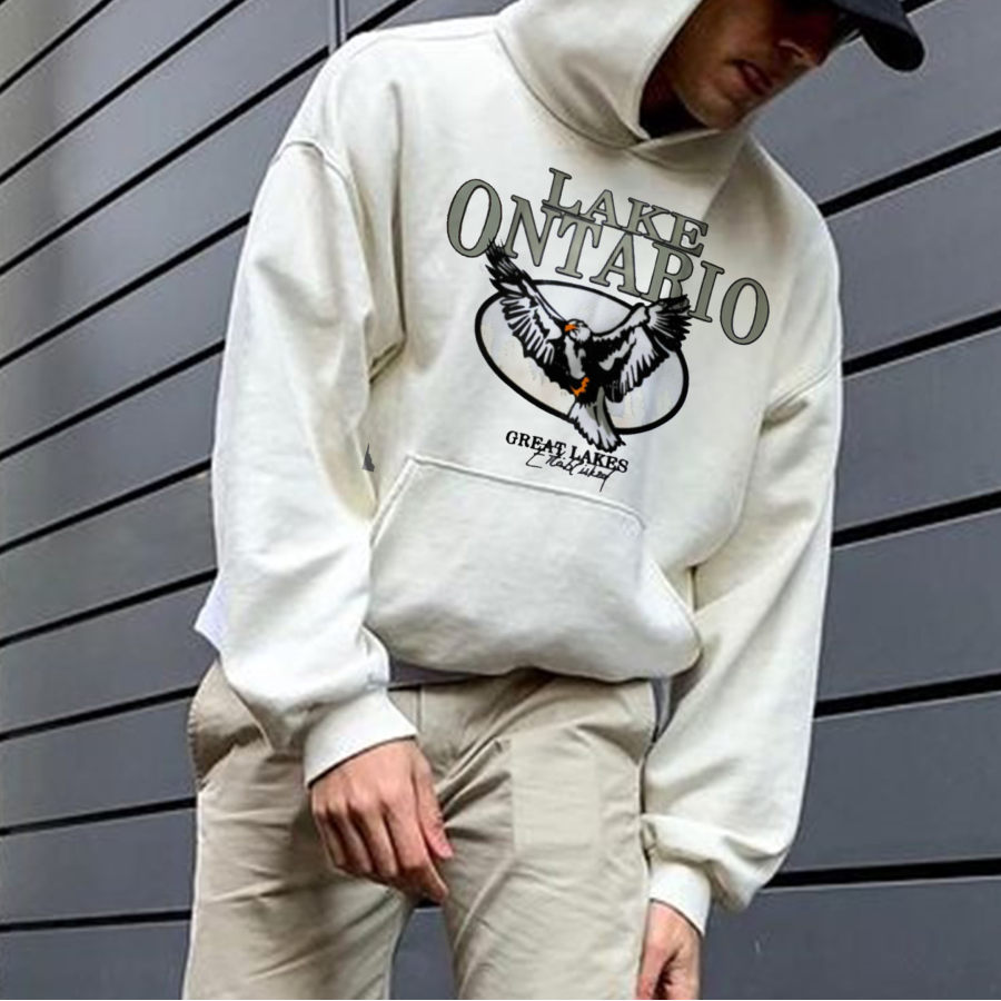 

Retro Men's Ontario Lake Print Casual Hoodie