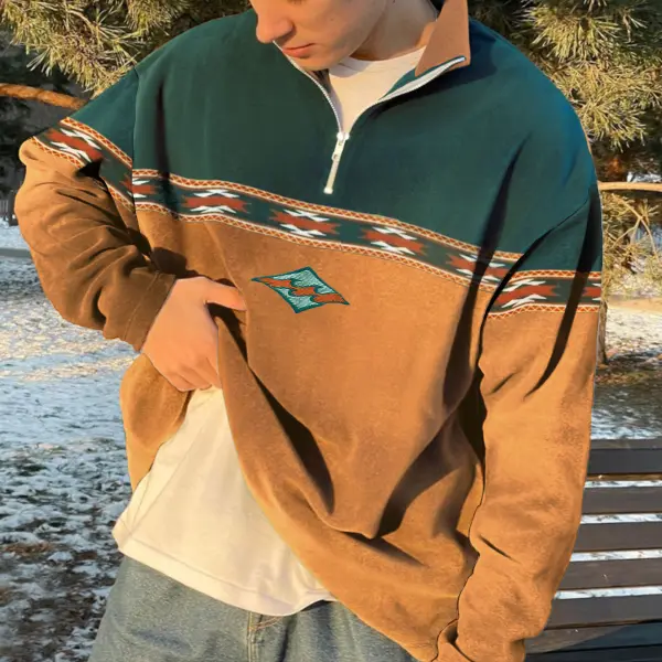 Retro Surf Stitching Polos Zipper Sweater - Sanhive.com 