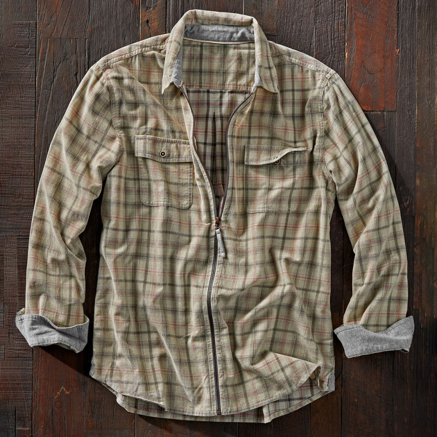 

Men's Retro Casual Lapel Corduroy Check Zipper Shirt