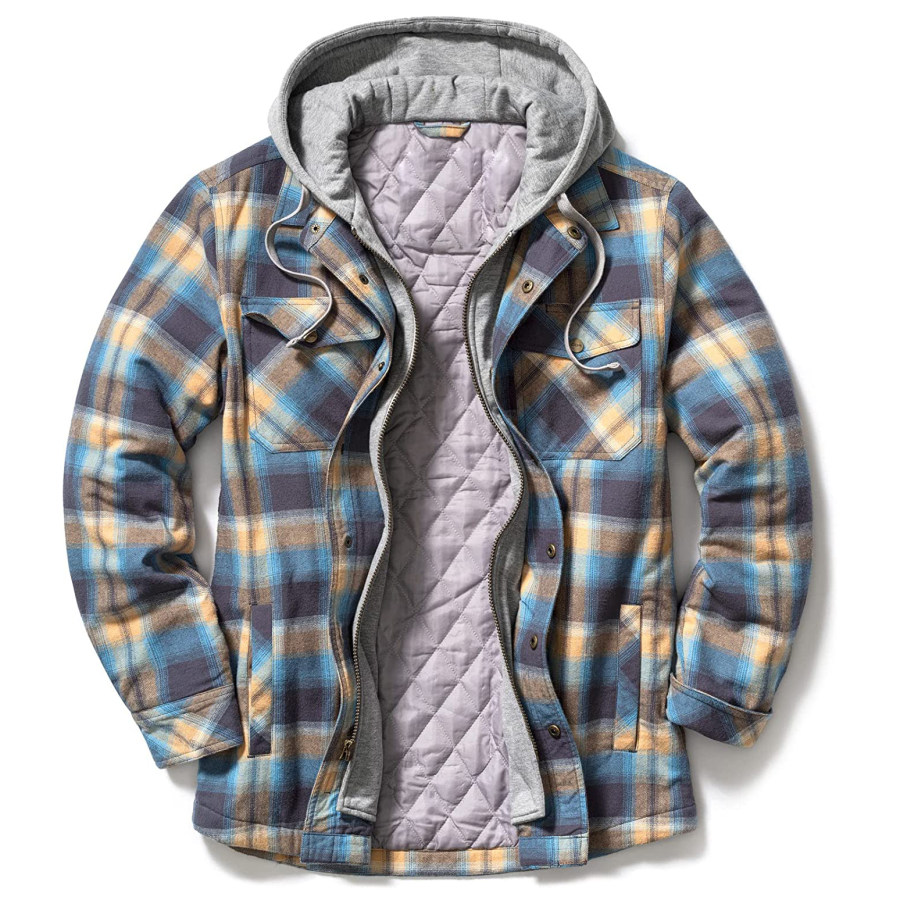 

Men's Check Quilted Cotton Warm Hooded Shirt Jacket