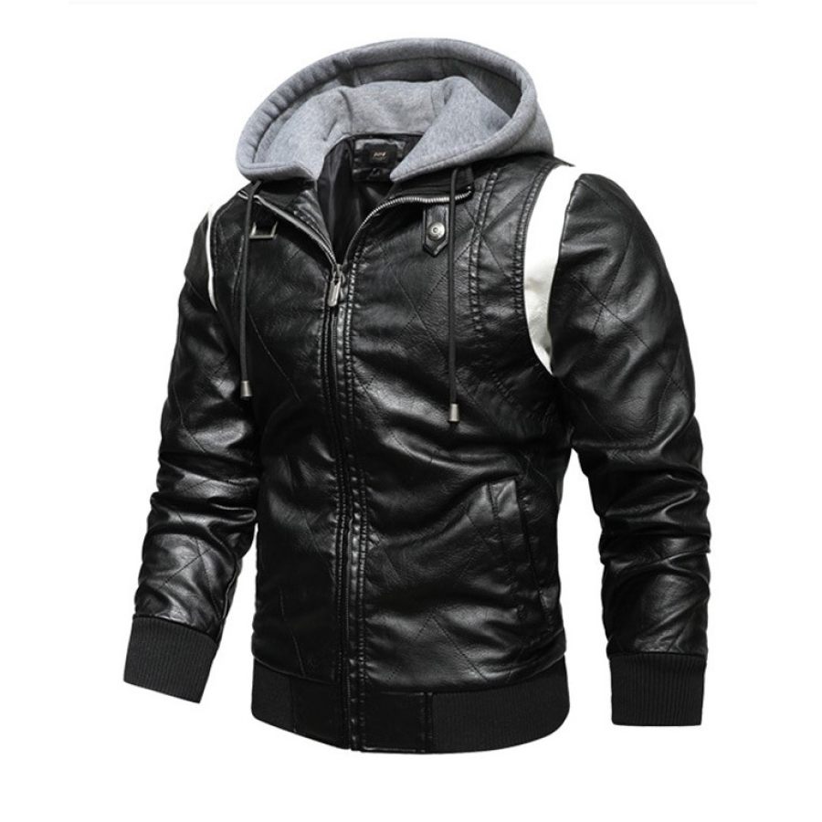 

Men's Double Zipper Knitted Hooded PU Leather Jacket