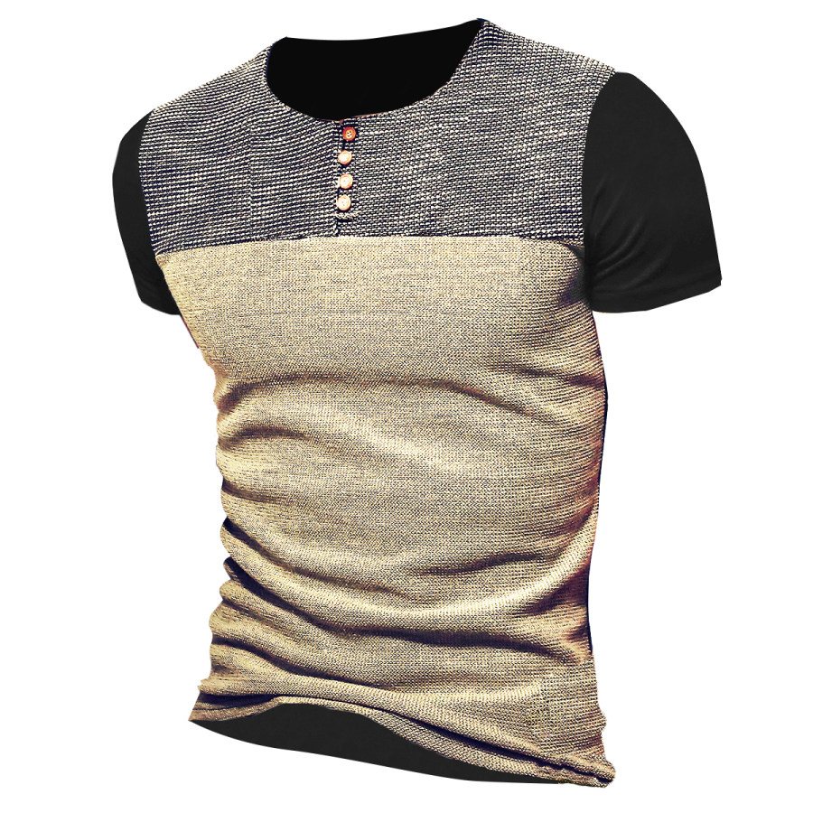 

Men's Outdoor Retro Stitching Printed Henley Collar Short Sleeved T-shirt