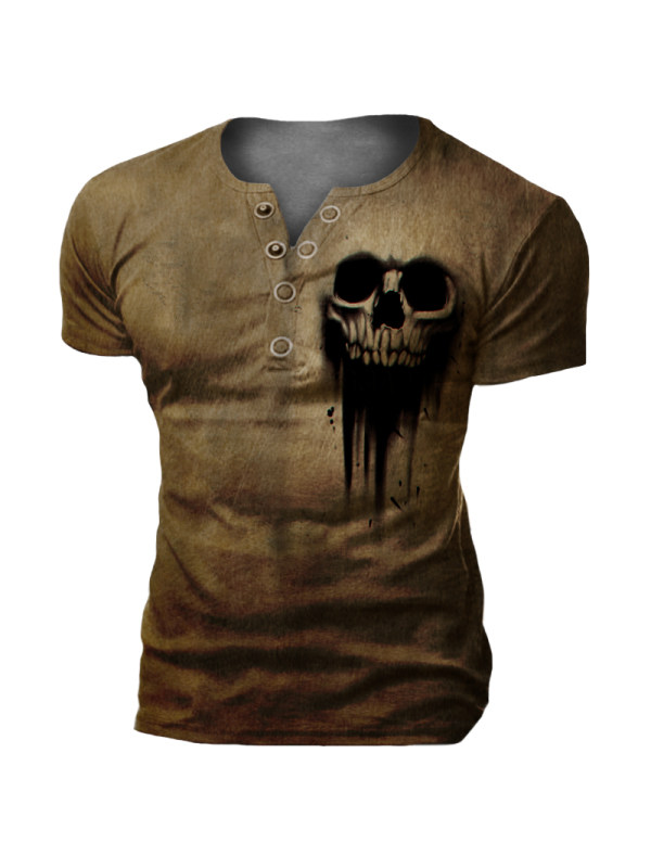 Men's Retro Casual Skull Tactical Henley T-shirt