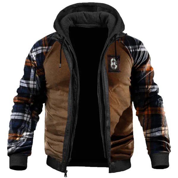 Men's Retro Outdoor Checkered Stitching Fleece Hooded Tactical Jacket - Enocher.com 