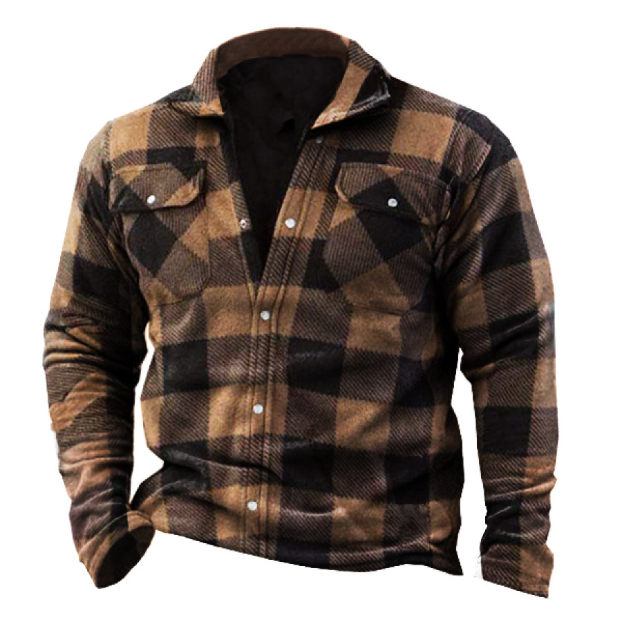 

Men's Outdoor Retro Plaid Polar Fleece Multi-pocket Shirt Coat