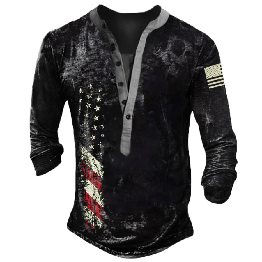 

Men's Outdoor Retro American Flag Henry Collar Long Sleeve T-Shirt