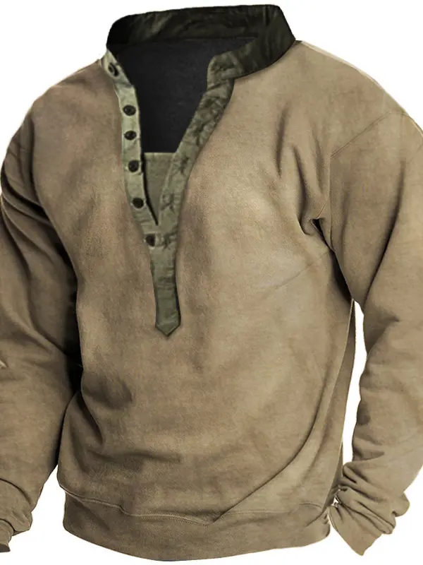 Men's Outdoor Vintage Contrast Color Henley Collar Sweatshirt - Oasisjoy.com 