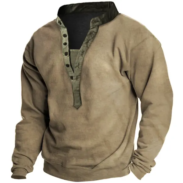 Men's Outdoor Vintage Contrast Color Henley Collar Sweatshirt - Chrisitina.com 