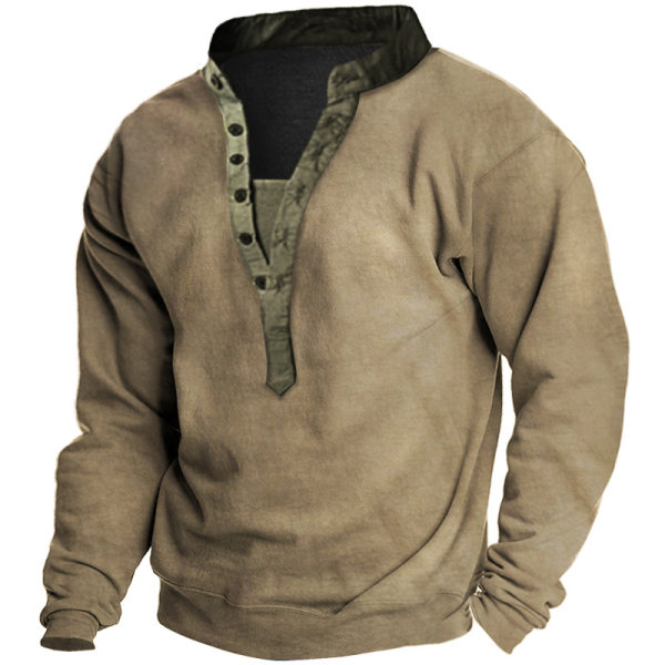 Men's Outdoor Vintage Contrast Color Henley Collar Tactical Sweatshirt