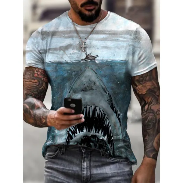 Mens Painted Shark Print Fashion T-shirt - Ootdyouth.com 