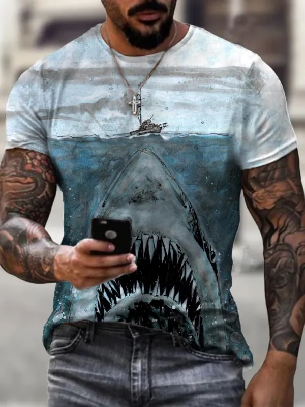 Mens Painted Shark Print Fashion T-shirt - Ootdmw.com 