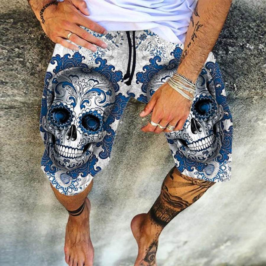 

Blue Skull Casual Print Shorts