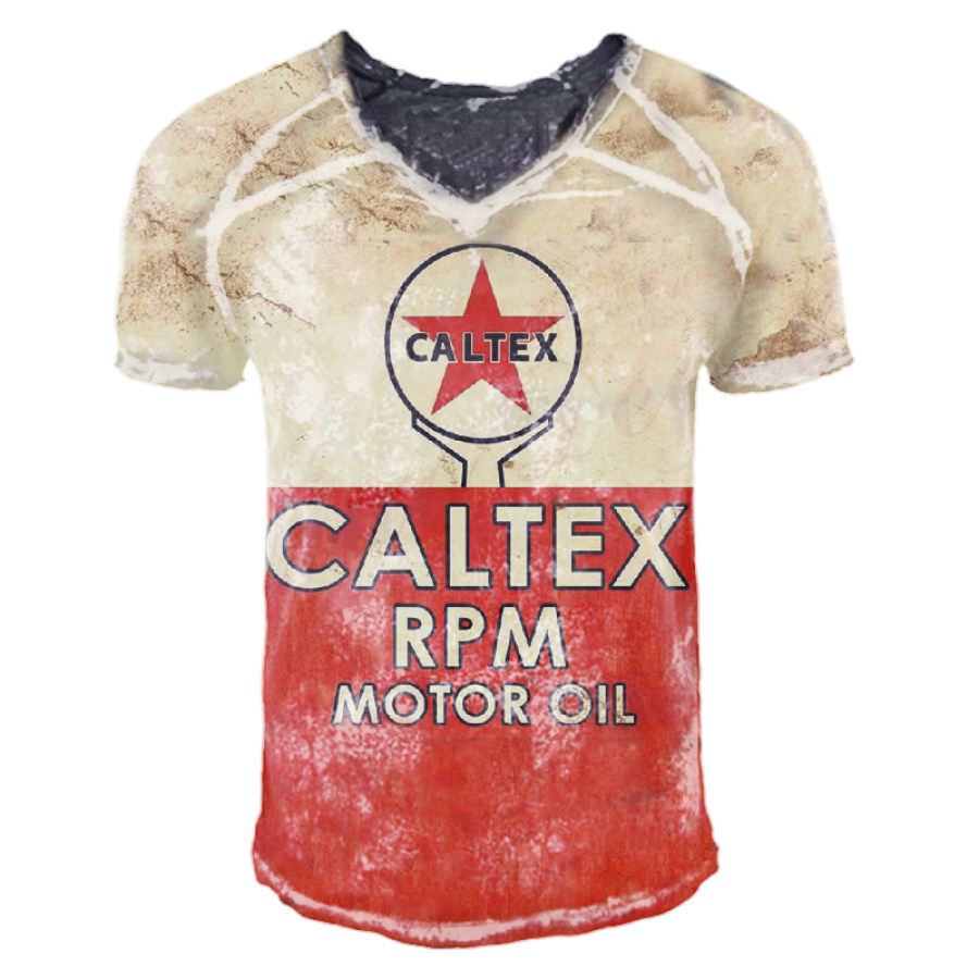 

Mens Retro Motorcycle Engine Oil Printing Outdoor Casual V-neck T-shirt