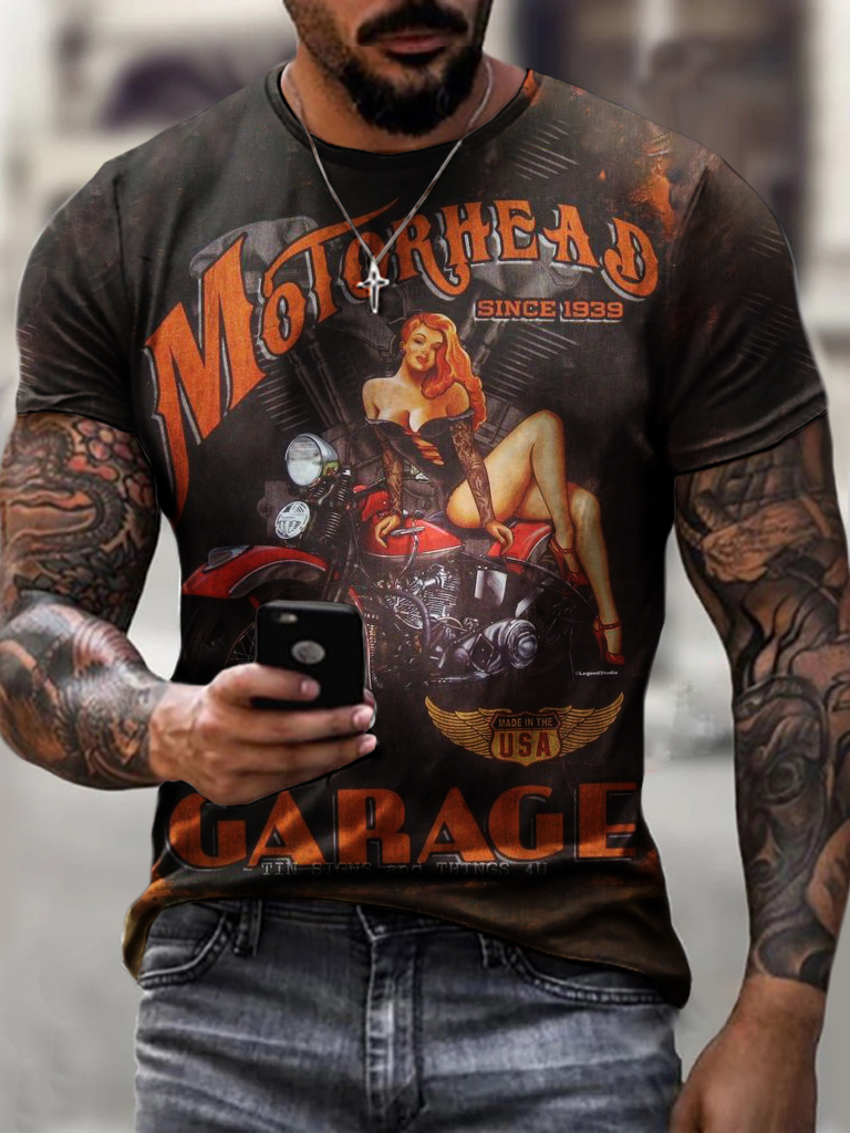 Retro Beauty Motorcycle Print Chic T-shirt