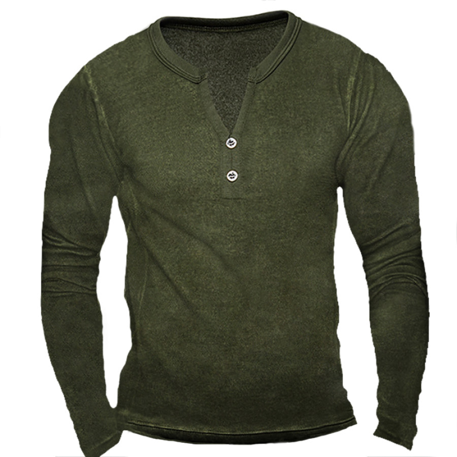 Men's Outdoor VintageHenley Collar Half Open Long Sleeve Tactical T-Shirt