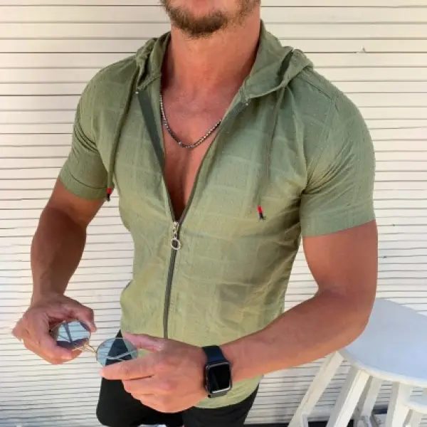 Mens Short-Sleeved Conjoined Cap Zipper T-Shirt - Menilyshop.com 