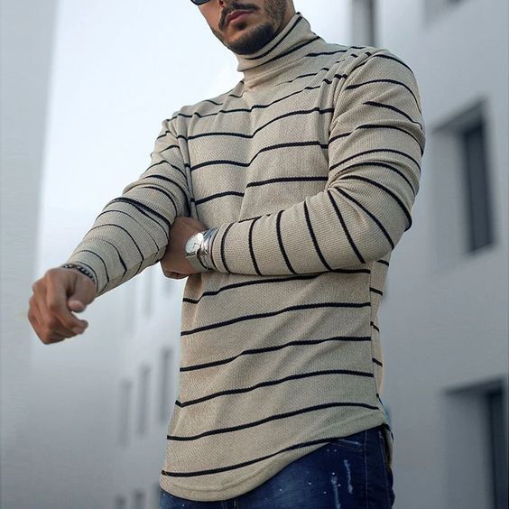 MenS Casual Sports High Neck Striped T Shirt