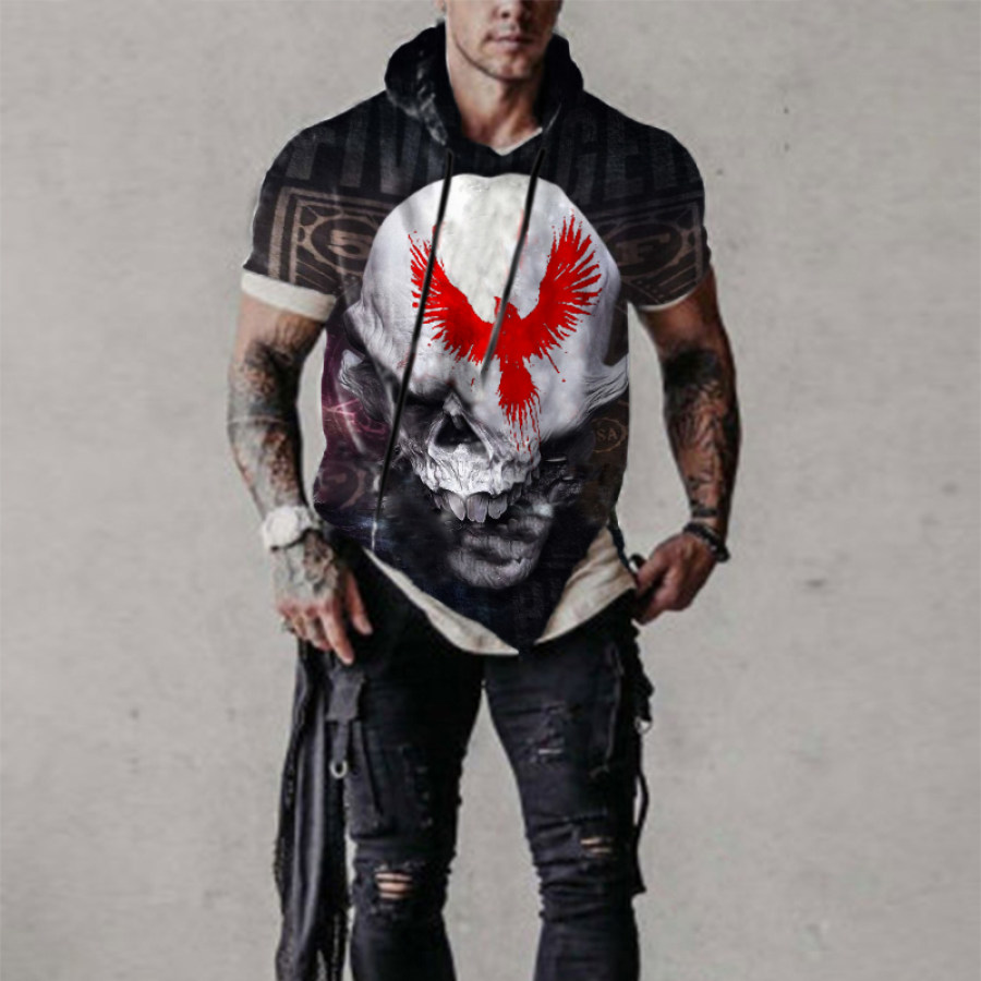 

Hooded New All-match Short-sleeved Contrasting Skull Print T-shirt