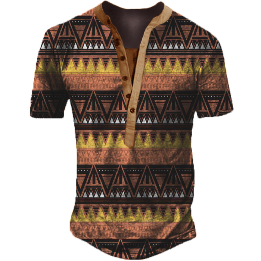 

T-shirt Da Uomo Con Colletto Alla Coreana A Maniche Corte Con Stampa Tribale Colorata