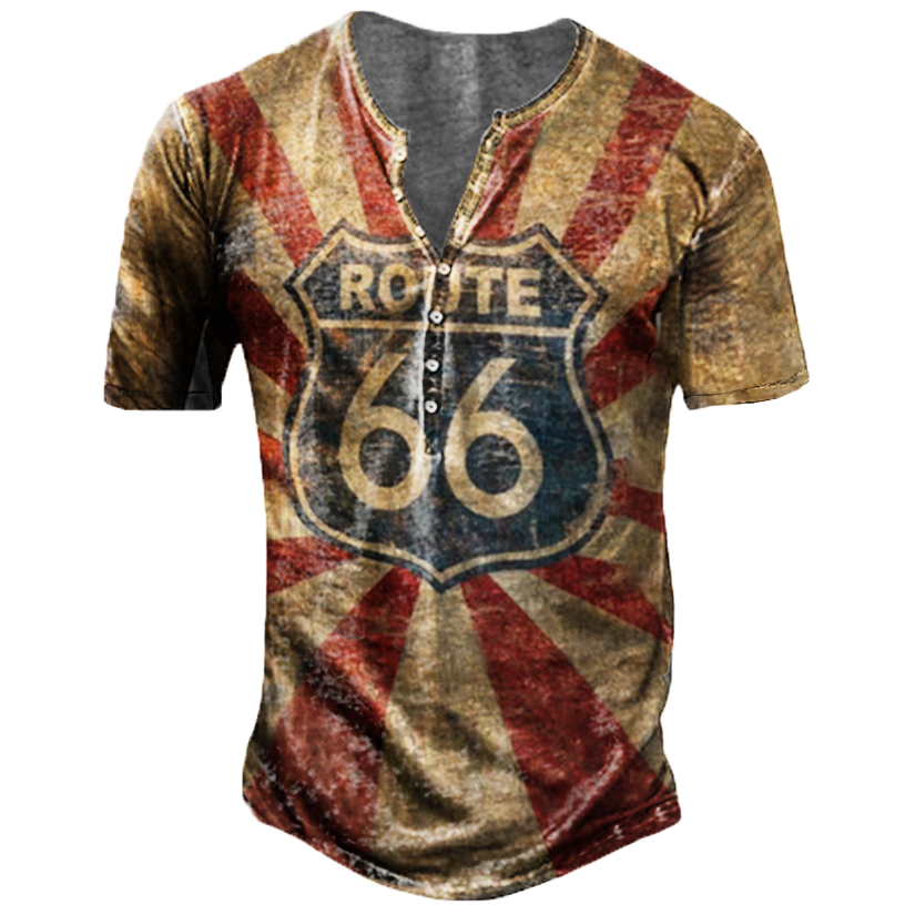 Men's Vintage Route 66 Chic Motorcycle Short Sleeve Henley Collar T-shirt