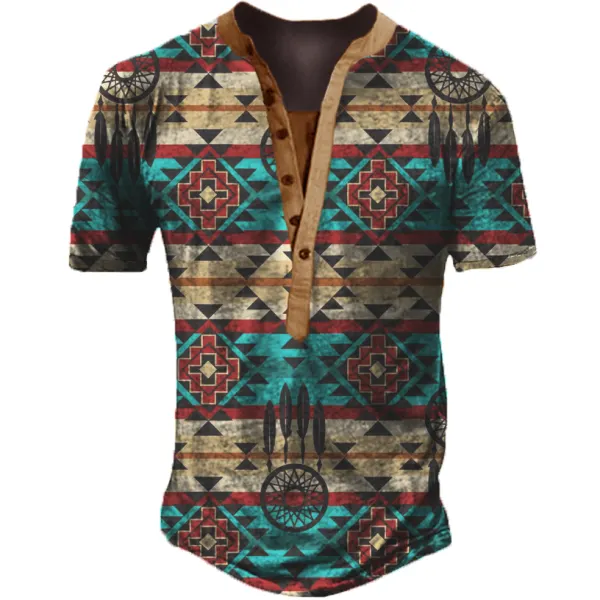 Men's Ethnic Print Short Sleeve Henley Collar T-Shirt - Enocher.com 