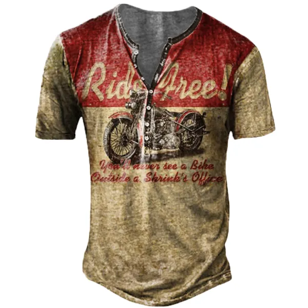 Men's Vintage Motorcycle Short Sleeve Henley Collar T-Shirt - Kalesafe.com 