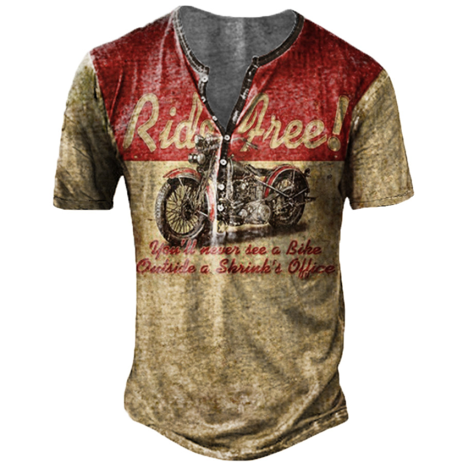 

T-shirt Da Uomo Con Collo Henley Manica Corta Moto Vintage